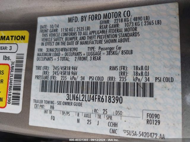 3LN6L2LU4FR618390 Lincoln MKZ HYBRID