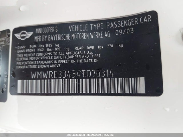 2004 MINI COOPER S WMWRE33434TD75314 Photo 8