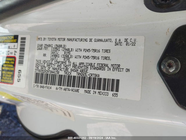Toyota Tacoma Sr 2022 3TYRX5GN3NT044150 Image 8