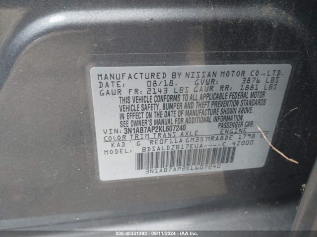 3N1AB7AP2KL607240 Nissan SENTRA SV