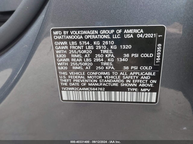 1V2WR2CA4MC584762 Volkswagen Atlas 3.6l V6 Se W/technology