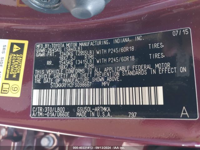 5TDKKRFH2FS098667 Toyota Highlander Xle V6