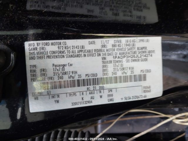 1FADP3H26JL214274 Ford FOCUS SEL