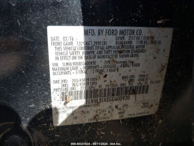 1LNHL9EK8GG600920 Lincoln MKS