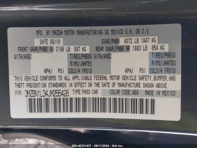 3MZBN1L34JM255428 Mazda Mazda3 Touring