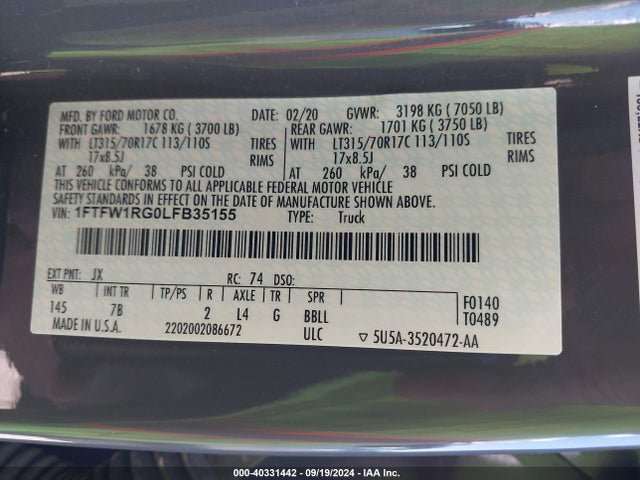 Ford F-150 Raptor 2020 1FTFW1RG0LFB35155 Image 9