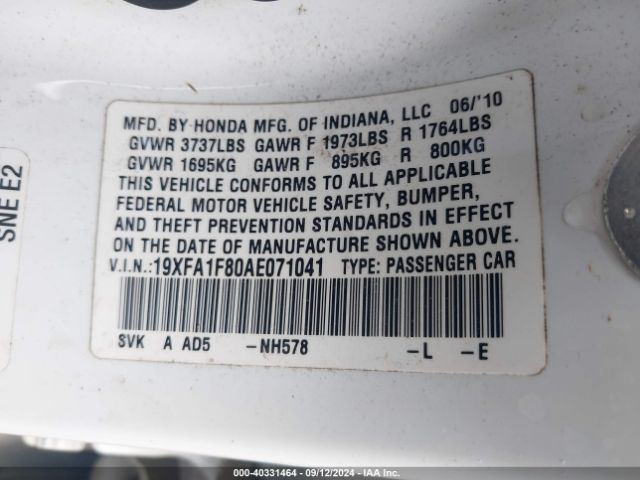 2010 HONDA CIVIC SDN 19XFA1F80AE071041 Photo 8