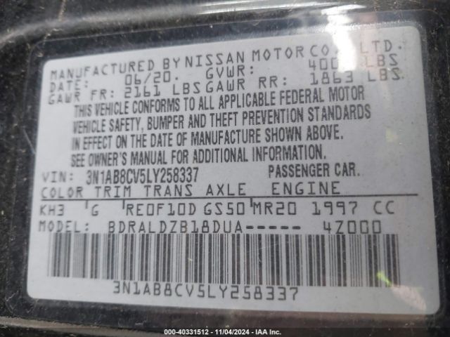 3N1AB8CV5LY258337 Nissan Sentra Sv Xtronic Cvt