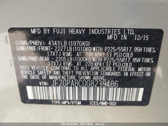 JF2GPABC0G8239486 Subaru Crosstrek 2.0i Premium
