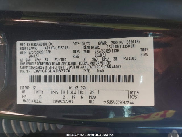 Ford F-150 Xl 2020 1FTEW1CP3LKD87770 Image 9