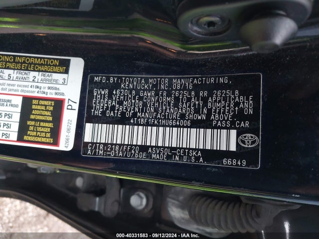 Toyota CAMRY SE 2017 4T1BF1FK1HU664006 Image 9