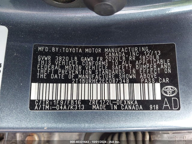 Toyota Corolla Le Plus 2014 2T1BURHE2EC087348 Image 9
