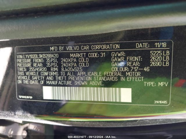 LYV102DL9KB288420 Volvo Xc60 T5 Inscription