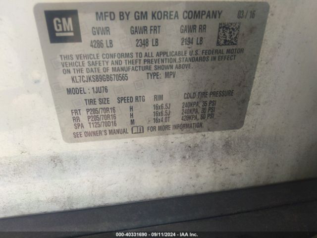 KL7CJKSB9GB670565 Chevrolet Trax 1ls
