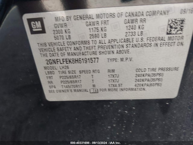 Chevrolet EQUINOX LT 2017 2GNFLFEK8H6191577 Image 9