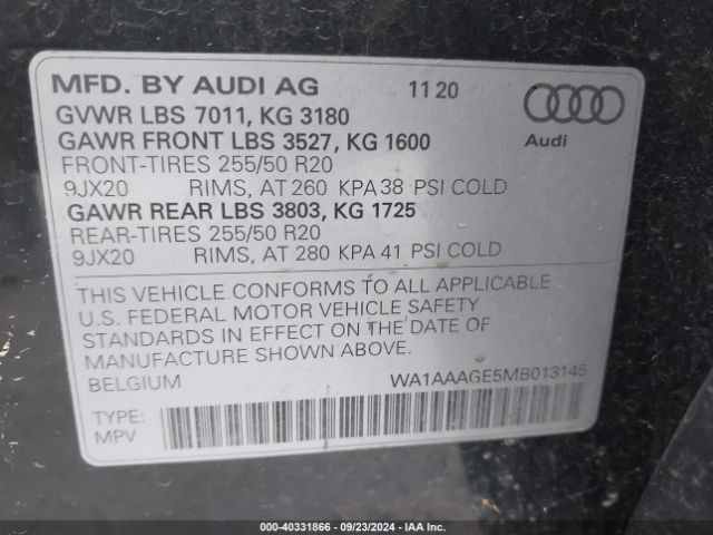 WA1AAAGE5MB013145 Audi E-tron Premium Quattro
