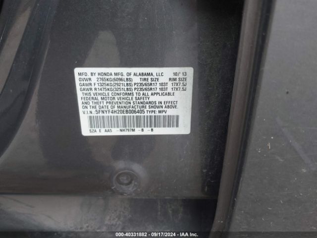 5FNYF4H20EB006405 Honda PILOT LX