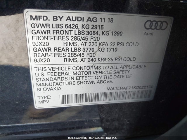 WA1LHAF71KD022174 Audi Q7 45 Premium/45 Se Premium