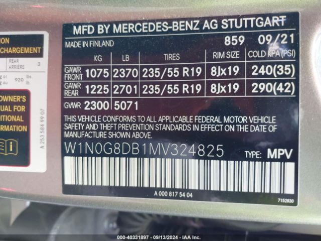 W1N0G8DB1MV324825 Mercedes-Benz Glc 300 Suv