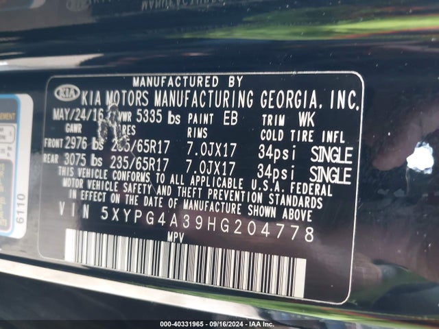 5XYPG4A39HG204778 KIA Sorento 2.4l Lx
