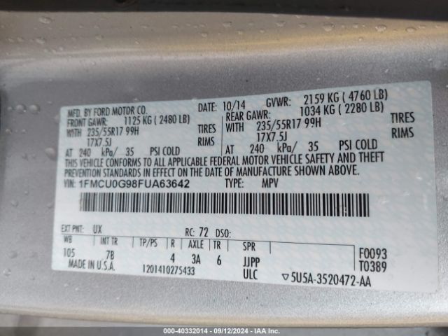 1FMCU0G98FUA63642 Ford ESCAPE SE