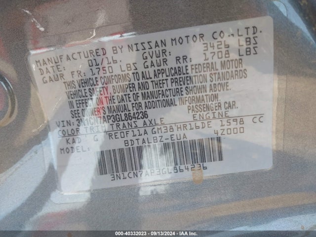 Nissan Versa S/s Plus/sv/sl 2016 3N1CN7AP3GL864236 Image 9