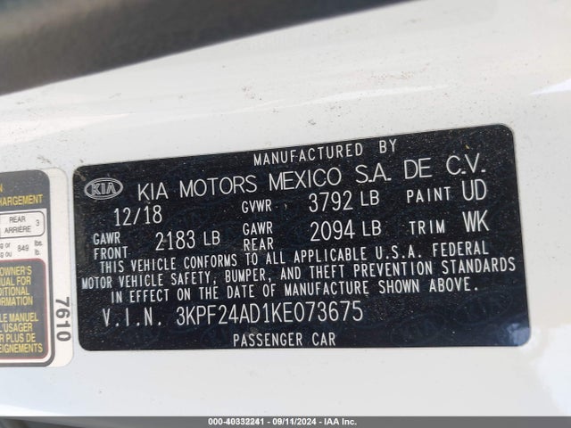 3KPF24AD1KE073675 KIA mpi nu