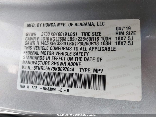 Honda Odyssey Ex-l 2019 5FNRL6H79KB097044 Image 9