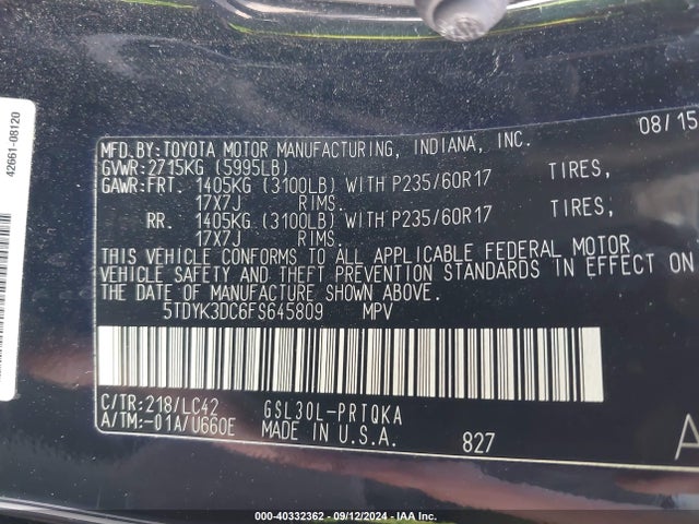 Toyota Sienna Xle 8 Passenger 2015 5TDYK3DC6FS645809 Image 9