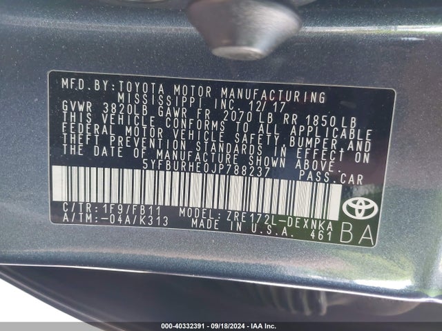 Toyota COROLLA LE 2018 5YFBURHE0JP788237 Image 9