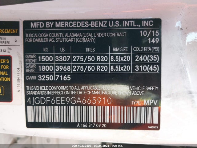 4JGDF6EE9GA665910 Mercedes-Benz Gl 450 4matic