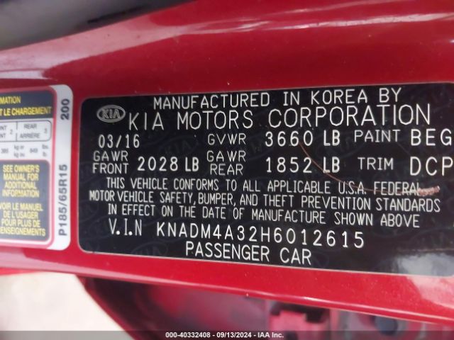 KNADM4A32H6012615 KIA RIO LX