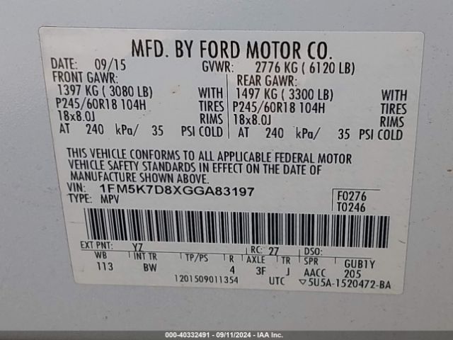 1FM5K7D8XGGA83197 Ford EXPLORER XLT