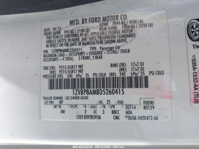 2013 FORD MUSTANG 1ZVBP8AM8D5260415 Photo 8
