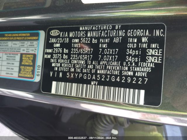 5XYPGDA52JG429227 KIA Sorento 3.3l Lx