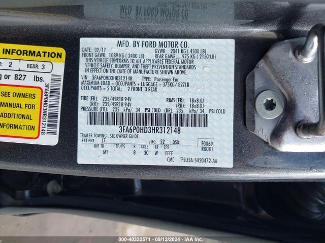 Ford FUSION SE 2017 3FA6P0HD3HR312148 Image 9