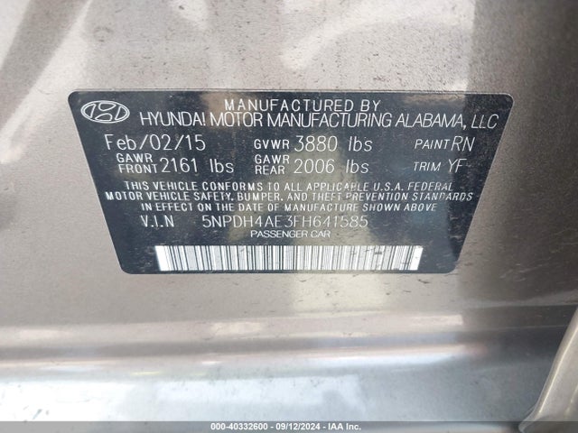 Hyundai ELANTRA SE 2015 5NPDH4AE3FH641585 Image 9
