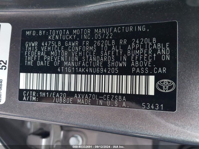 Toyota CAMRY SE 2022 4T1G11AK4NU694205 Image 9