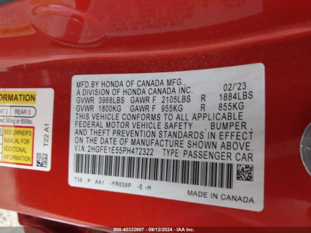 2HGFE1E55PH472322 Honda CIVIC SI SEDAN