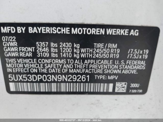 5UX53DP03N9N29261 BMW X3 Xdrive30i