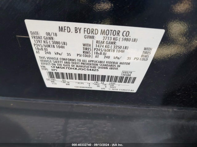 1FM5K7DHXJGC54425 Ford EXPLORER XLT