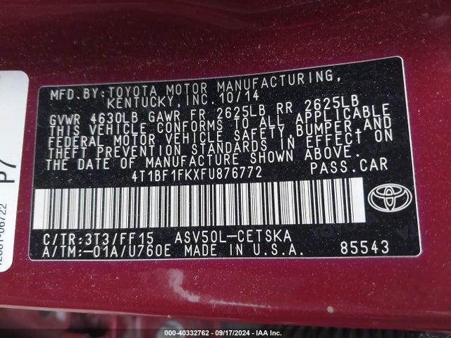 Toyota CAMRY SE 2015 4T1BF1FKXFU876772 Image 9