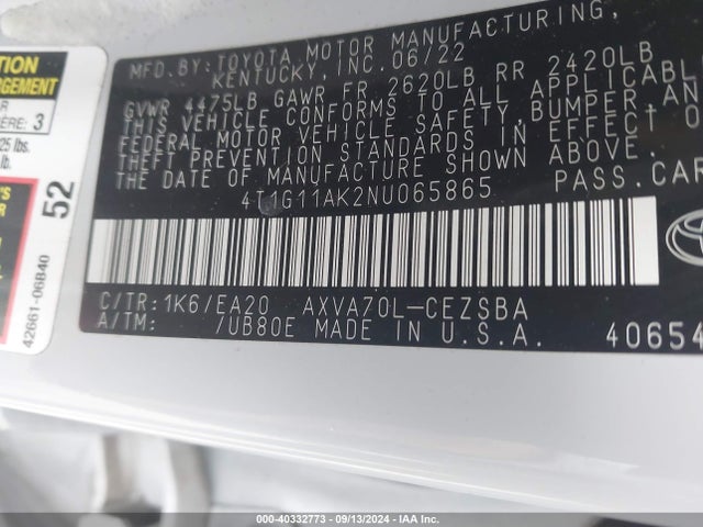 Toyota CAMRY SE 2022 4T1G11AK2NU065865 Image 9