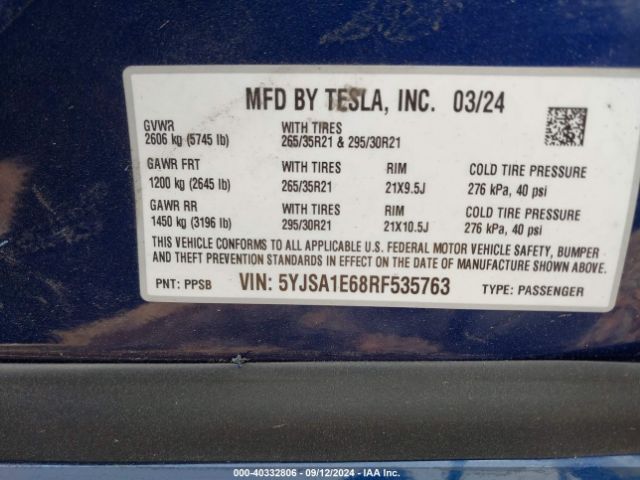 5YJSA1E68RF535763 Tesla Model S Plaid Tri Motor All-wheel Drive