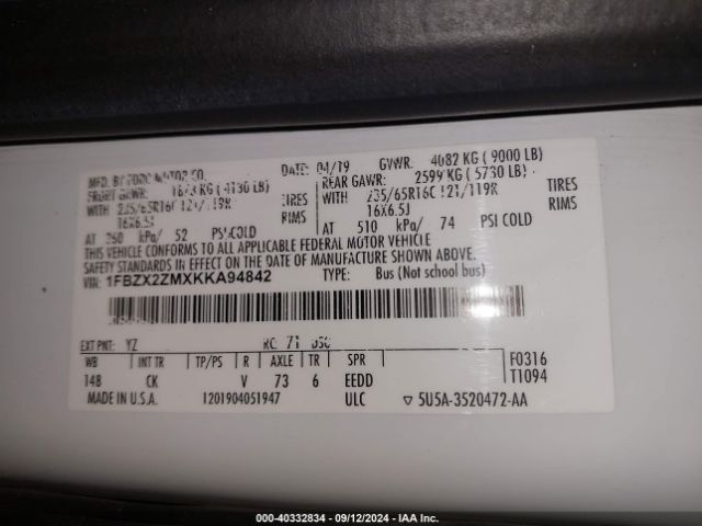 1FBZX2ZMXKKA94842 Ford Transit-350 Xlt