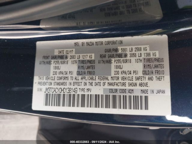 JM3TCACY0H0138149 Mazda Cx-9 Touring