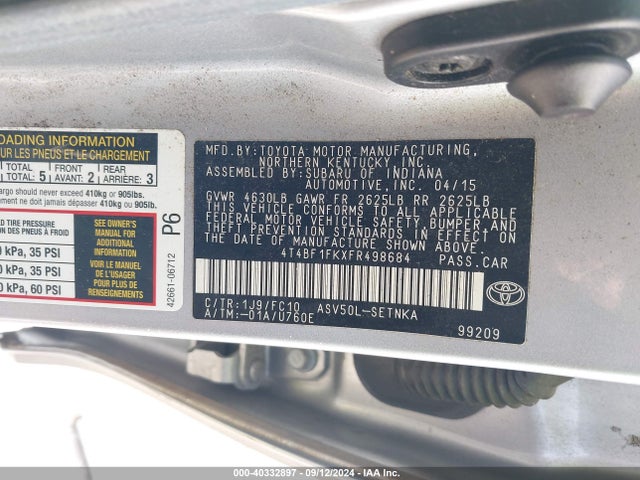 Toyota CAMRY LE 2015 4T4BF1FKXFR498684 Image 9