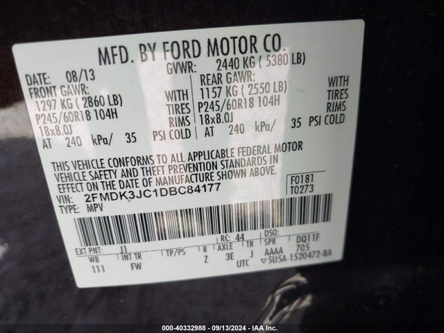 Продаж на аукціоні авто 2013 Ford Edge Sel, vin: 2FMDK3JC1DBC84177, номер лоту: 40332988