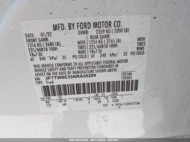 3FTTW8E35NRA36299 Ford Maverick Lariat