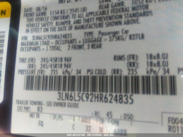 3LN6L5C92HR624835 Lincoln MKZ SELECT